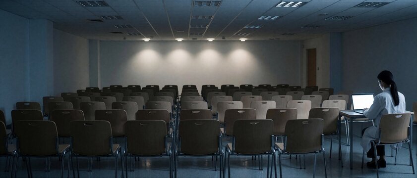 Woman in white coat working on laptop in empty lecture hall