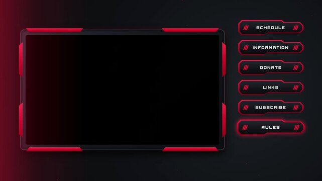 Futuristic red and black streaming overlay with video screen frame and menu buttons