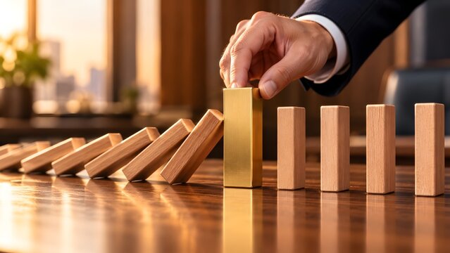 Businessman hand stopping falling wooden dominoes with a gold block representing risk management crisis intervention and business leadership