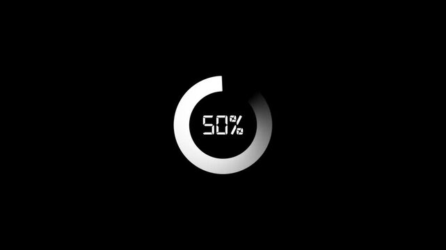 Animation of a spinning loading circle. Waiting for a download with a countdown from zero to one hundred. White circle on a black isolated background