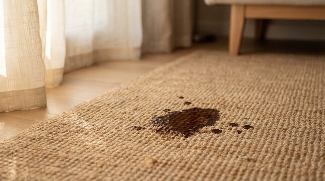 Low angle dynamic shot of a dark liquid spill spreading on a textured natural fiber carpet in a bright home interior