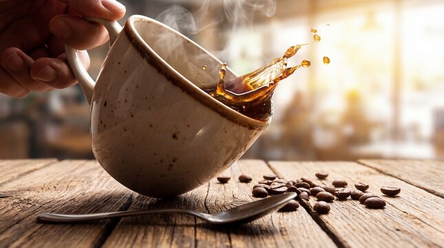 Hand Holding a Rustic Ceramic Cup with Hot Coffee Splashing on a Wooden Surface with Scattered Roasted Beans for a Cozy Morning Cafe Vibe