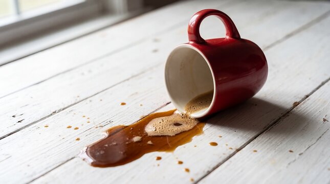 Spilled Coffee from Red Ceramic Mug on White Wooden Floor in Bright Morning Light