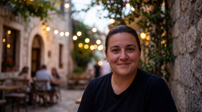 Smiling woman sitting outdoors at a charming European street cafe during evening with warm fairy lights