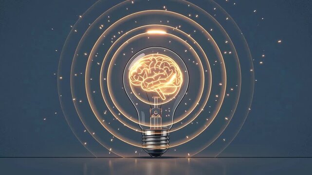 Lightbulb with glowing brain inside cycles through ideas in cinematic motion against blue background