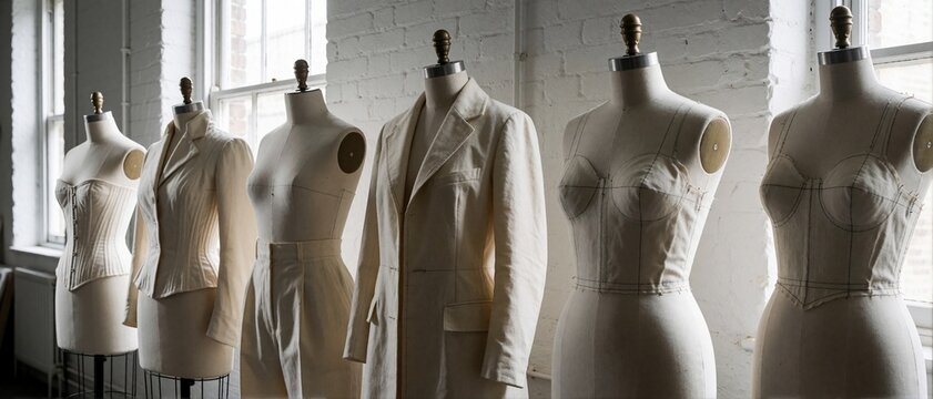 Tailor's dummies with calico toile garments in a studio