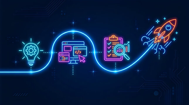 Neon illustration depicting the stages of innovation from idea to successful launch