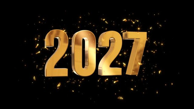 Golden 2027 3D Text with Confetti Glitter Explosion New Year Alpha Channel Animation, Christmas and Holiday Videos Isolated Motion Design Element