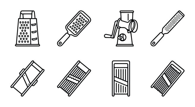 Graters and mandolines line icon set with kitchen tools for food preparation, app and web