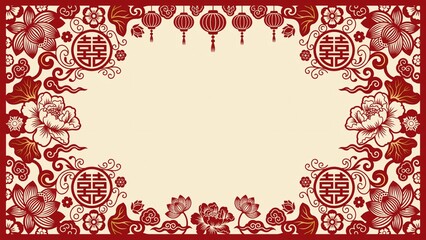 Traditional Chinese paper cut frame background with double happiness symbol peony flowers and lanterns on beige © GraphixTreasure