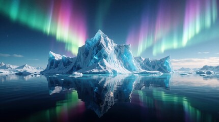 Fototapeta premium Arctic landscape with giant blue iceberg floating in calm ocean water. Vibrant aurora borealis lights glow in night sky over frozen mountains. Serene polar scenery with ice reflections on sea surface