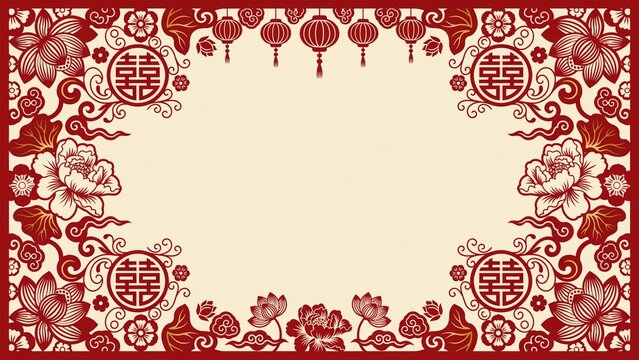 Traditional Chinese paper cut frame background with double happiness symbol peony flowers and lanterns on beige