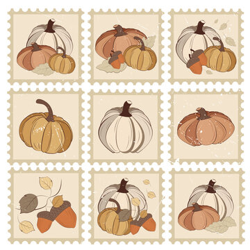 Vintage autumn postage stamps set with pumpkins and acorns