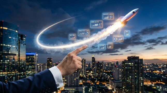 Hand pointing at futuristic rocket with data analytics metrics flying over city skyline at dusk