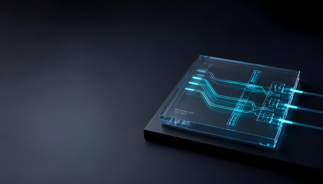Translucent glass photonic chip model on dark desk with glowing cyan laser light paths for silicon photonics APN technology