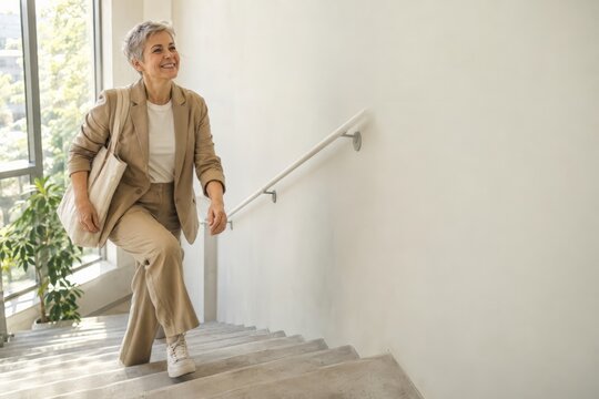Office worker in her fifties taking the stairs two at a time in a bright office stairwell, movement at work and healthy habits with copy space
