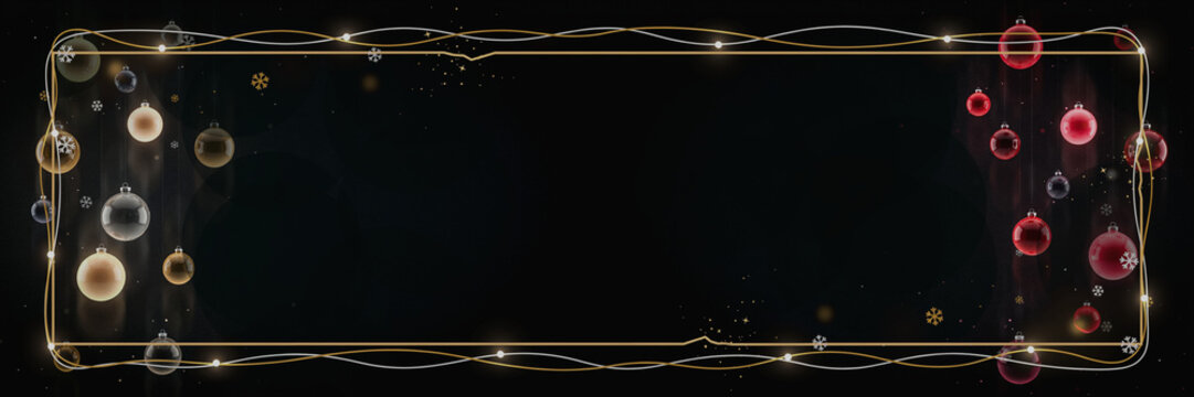 Christmas background with hanging glass baubles in gold and red, glowing gold and silver string lights frame, snowflakes and broken gold frame with sparkling dust on black, luxury banner with large co
