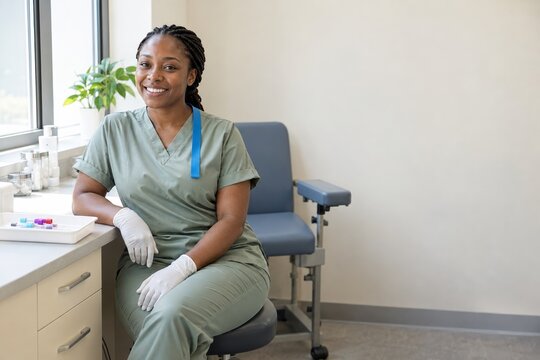 Portrait of a phlebotomist with a tourniquet around her neck in a bright blood collection room with copy space