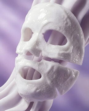 Macro close up of thick porous microfiber facial sheet mask texture soaked in milky white cosmetic serum