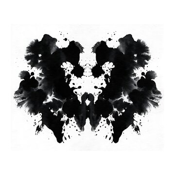 Abstract Symmetrical Black Inkblot Illustration on Textured White Paper, Rorschach Psychological Test Design Element, Isolated Artistic Splatter