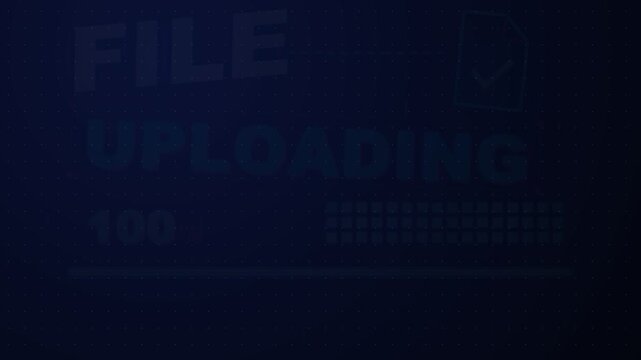 Digital progress loading bar showing file uploading animation on dark technical background to represent modern online data transfer.