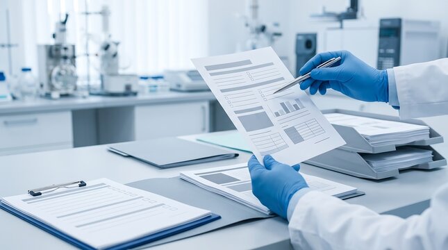 Laboratory researcher wearing blue gloves pointing at clinical data document with scientific analysis charts and complex medical research equipment in background for healthcare studies