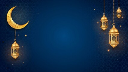 Blue Ramadan Background with Golden Crescent Moon and Hanging Lanterns © GraphixTreasure