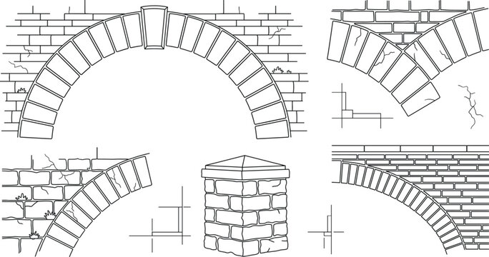 Stone archway and brick wall outline vector icon set for castle architecture