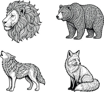 Wild animal mascot set in hand drawn engraving line art style