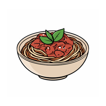 Hand-drawn vector illustration of spaghetti bolognese pasta in a bowl with tomato sauce and basil leaves 