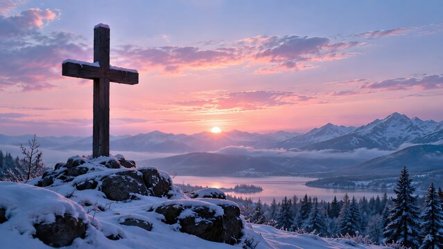 Christmas Wooden Cross Overlooking Snowy Mountains and a Winter Lake at Sunset