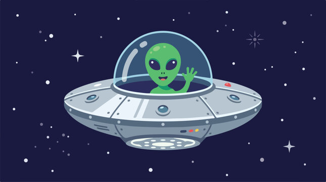 Friendly green alien waves from a metallic flying saucer in space