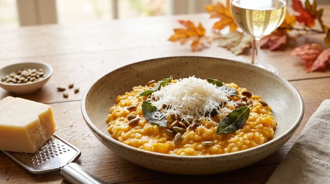 Pumpkin risotto with parmesan and herbs served with wine  