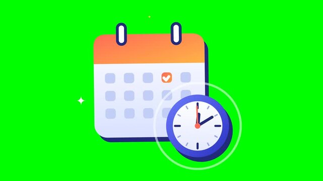 Motion graphic of a stylized calendar icon with a clock. The clock hands move, indicating the passage of time, and a checkmark appears on the calendar, signifying task completion or an event. 