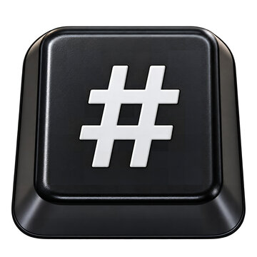 Hashtag Key: A close-up view of a single black keyboard key featuring the white hash symbol, representing social media, tagging, and online communication.