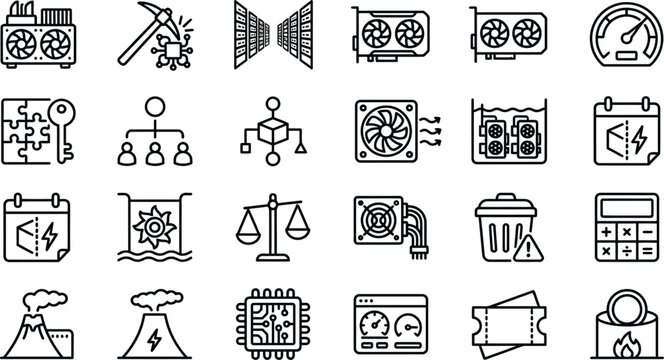 Hardware mining and computer components vector icons