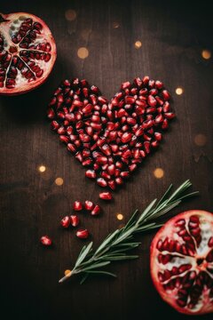 Heart made of pomegranate seeds with rosemary on wooden surface. National Pomegranate Month
