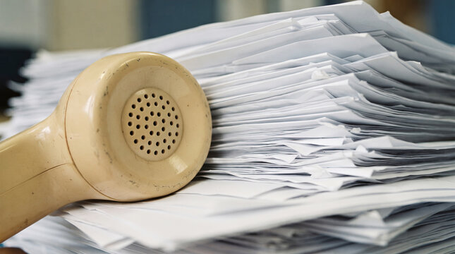 Overwhelming Office Communication with Vintage Telephone and Piles of Paperwork
