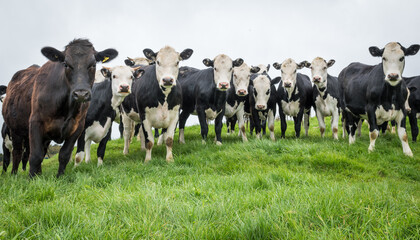 Mob of white face and dairy cross beef cattle yearlings in lush green grass pasture © Nathan McClunie