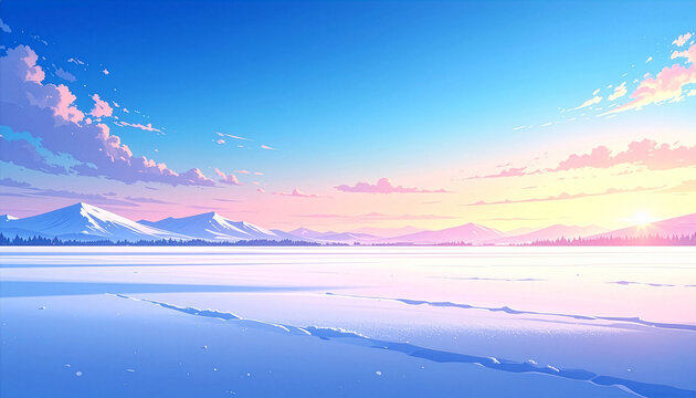 凍てつく雪原と果てなく広がるグラデーションの朝焼け空のアニメ風風景イラスト