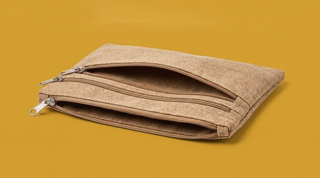 Textured brown canvas pencil case with dual zippered compartments for office supplies and stationery accessories on a mustard background