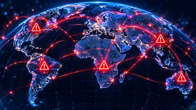 Global network map with red warning triangles indicating worldwide cyber attacks and international security threats