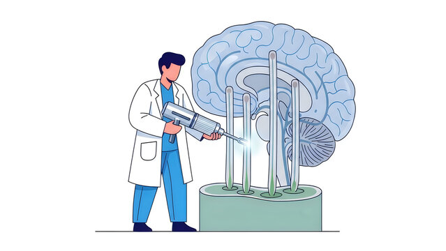 Neurosurgeon operating laser surgical device targeting brain stem electrodes in neural research lab. Medical illustration of neurosurgery, brain mapping, neural interfaces