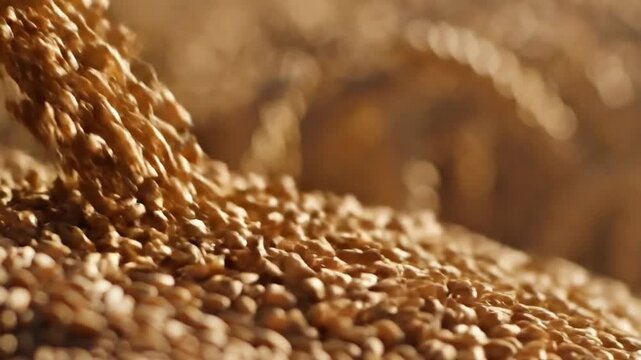 Pouring amber grains slowly cascades down a large pile of wheat kernels in bright warm sunlight agricultural harvest concept cinematic footage.