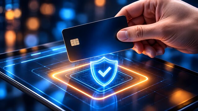 Hand holding credit card over digital tablet with glowing shield for secure online payment and fintech transaction