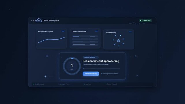 Modern dashboard interface with session timeout countdown