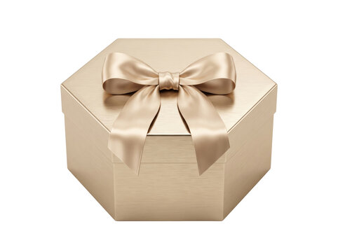 Luxury hexagonal gift box with satin bow featuring metallic champagne gold finish, sophisticated celebration object for high-end retail packaging and corporate gifting design.