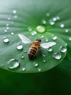 Honey bee on a wet green lotus leaf with macro water droplets