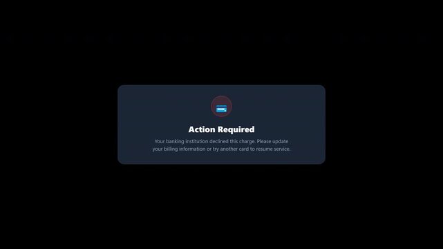 Action required payment declined notification popup card with alpha channel