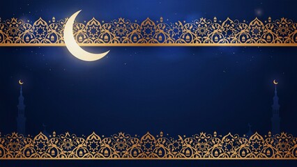 Blue Moonlit Eid Background with Ornate Golden Geometric Borders and Minarets © GraphixTreasure